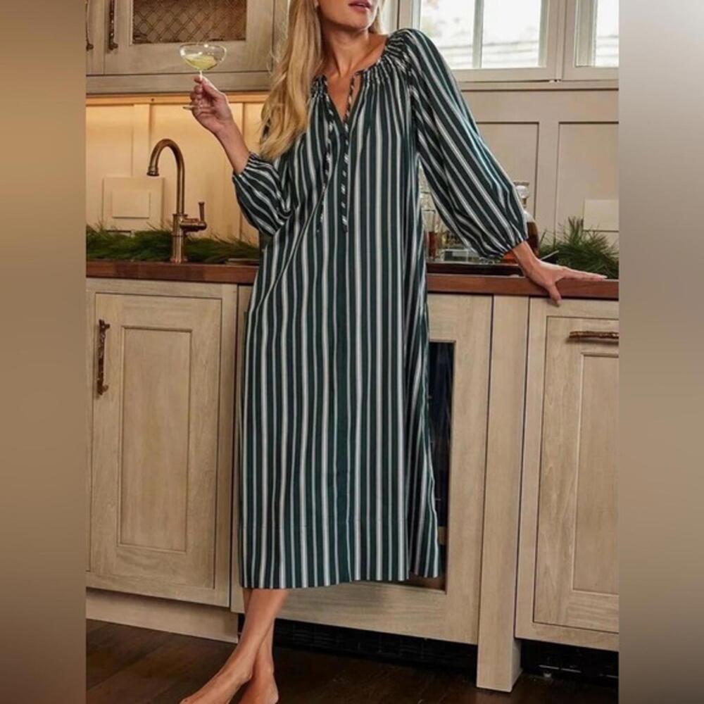 Lake Pajamas Striped Hammock Midi Dress in Conifer Green